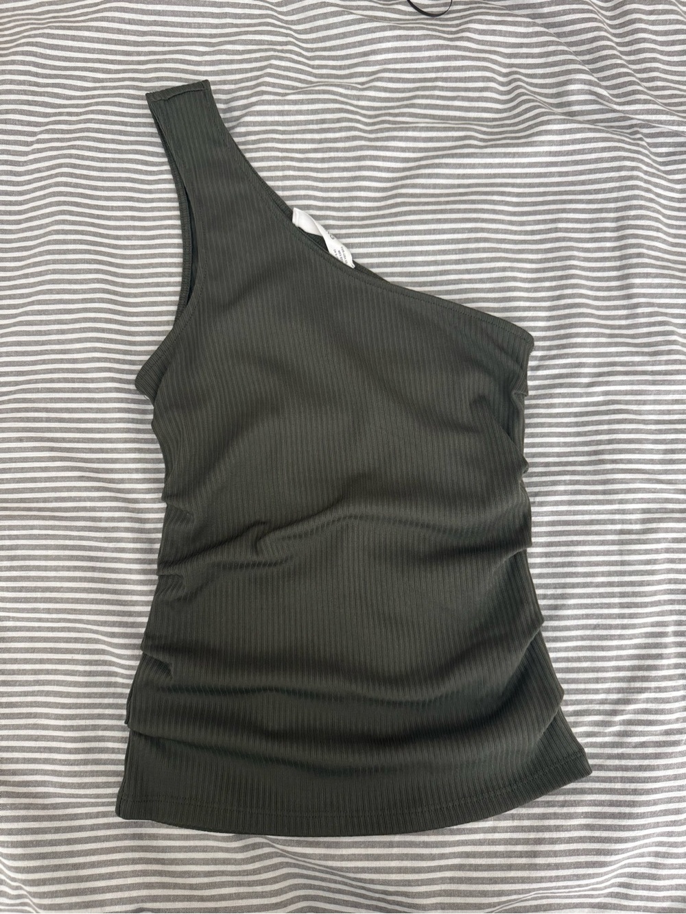 Mango One-Shoulder Ribbed Top in Dark Olive